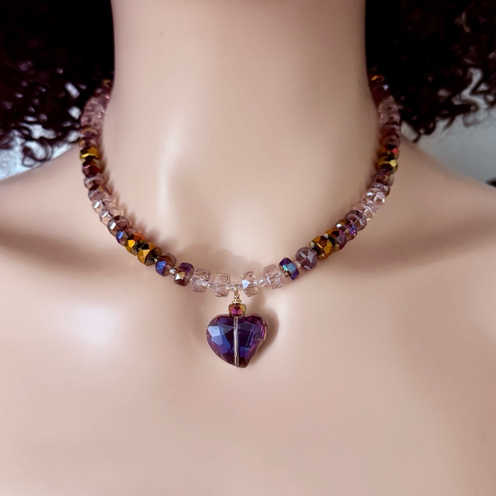 Gold-Filled Pink Ombré Swarovski AB Crystal Necklace with Heart Pendant